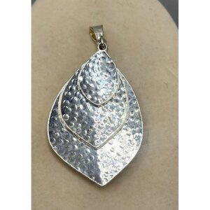 Tri Leaf Pendant Necklace Silver Tone - Hammered Design